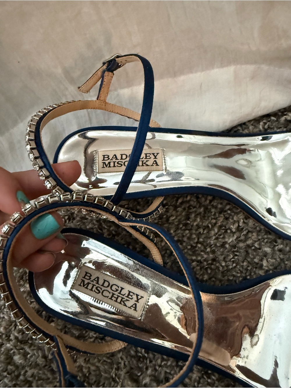 Badgley Mischka Royal Blue Satin Crystal Leaf-Trim Heels - Picture 3 of 5